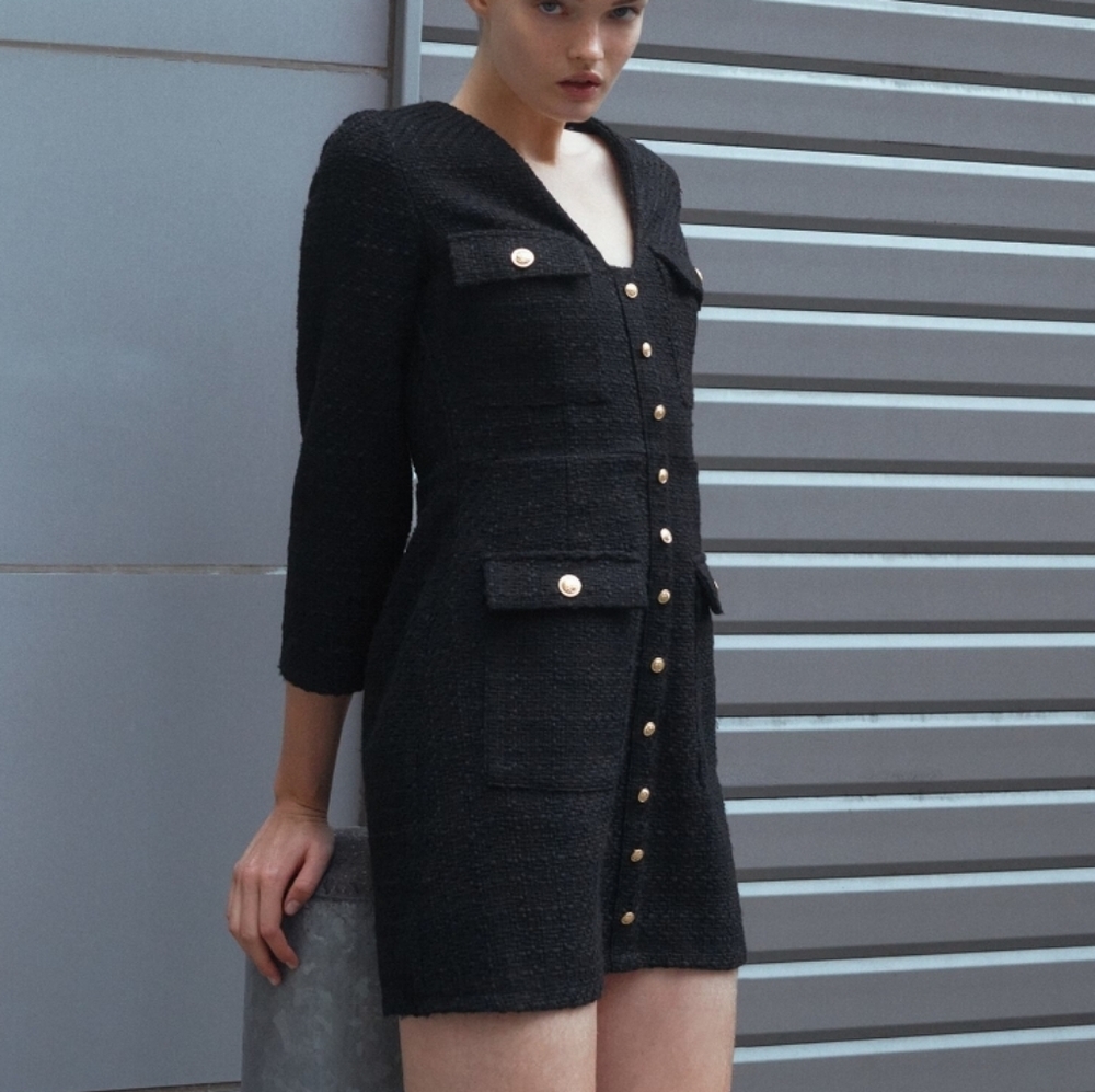 Zara GOLD BUTTON TEXTURED DRESS M